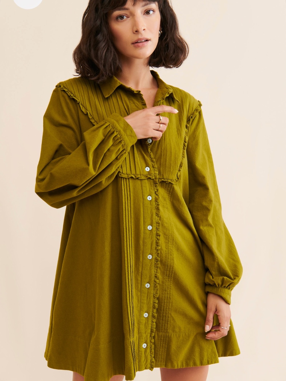 Free People Olive Green Button-Front Pintuck Mini Dress - Size XL